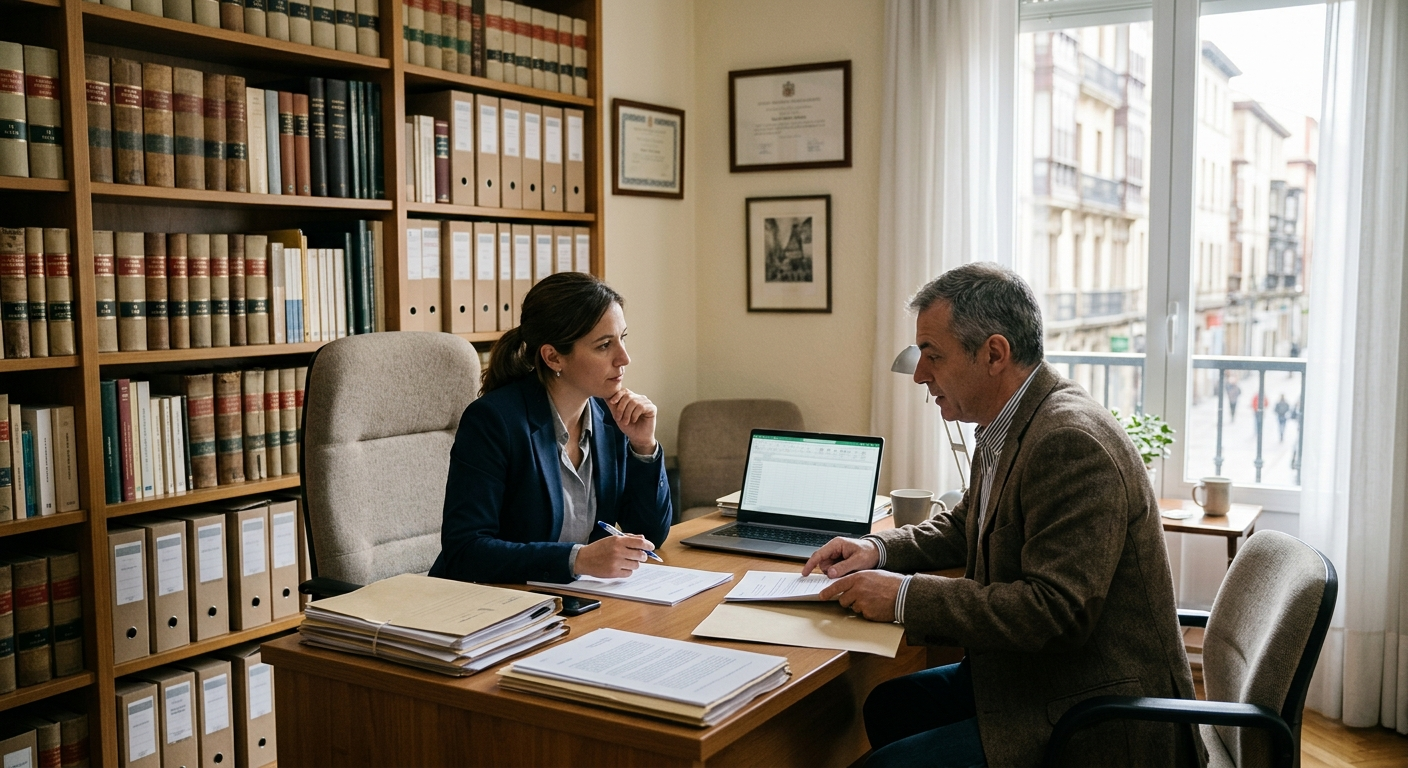 Dos personas en una oficina de la biblioteca discuten documentos al otro lado de un escritorio, cerca de una computadora portátil y estanterías.