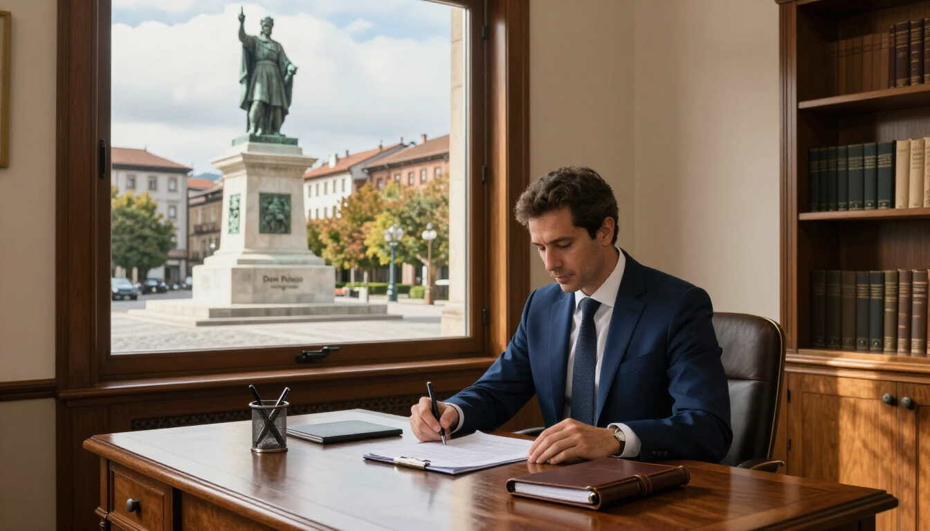 Man in a navy suit writing at a desk by a window overlooking a city square and statue