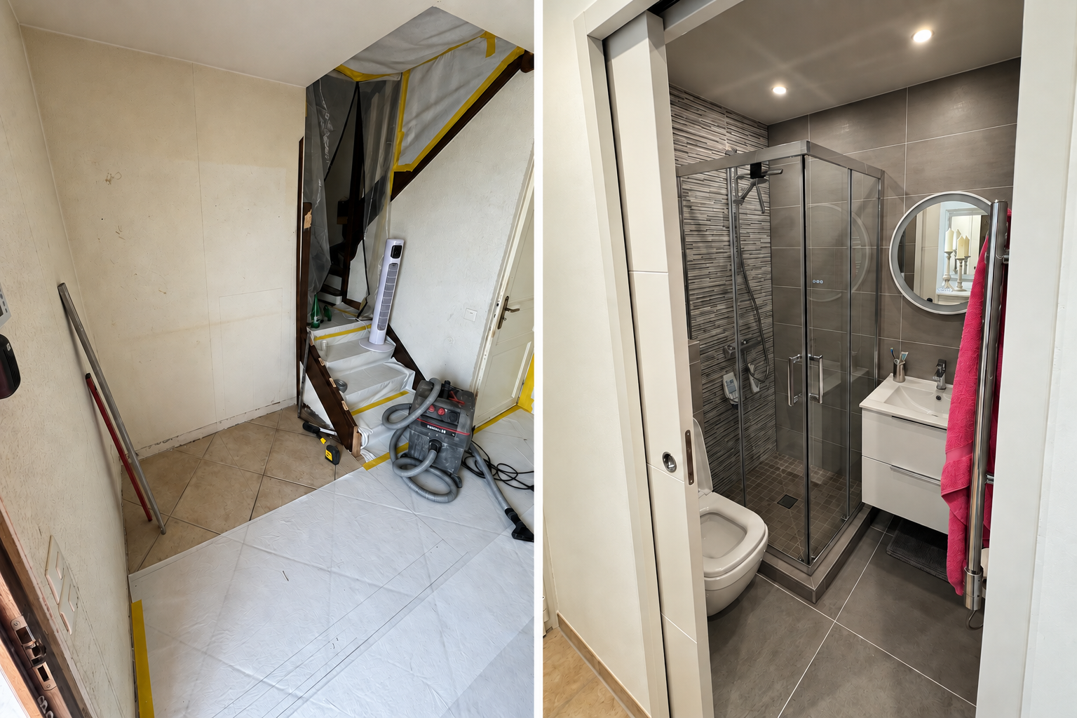 Petite salle de bains moderne avec toilettes, murs carrelés et cabine de douche à l'italienne.