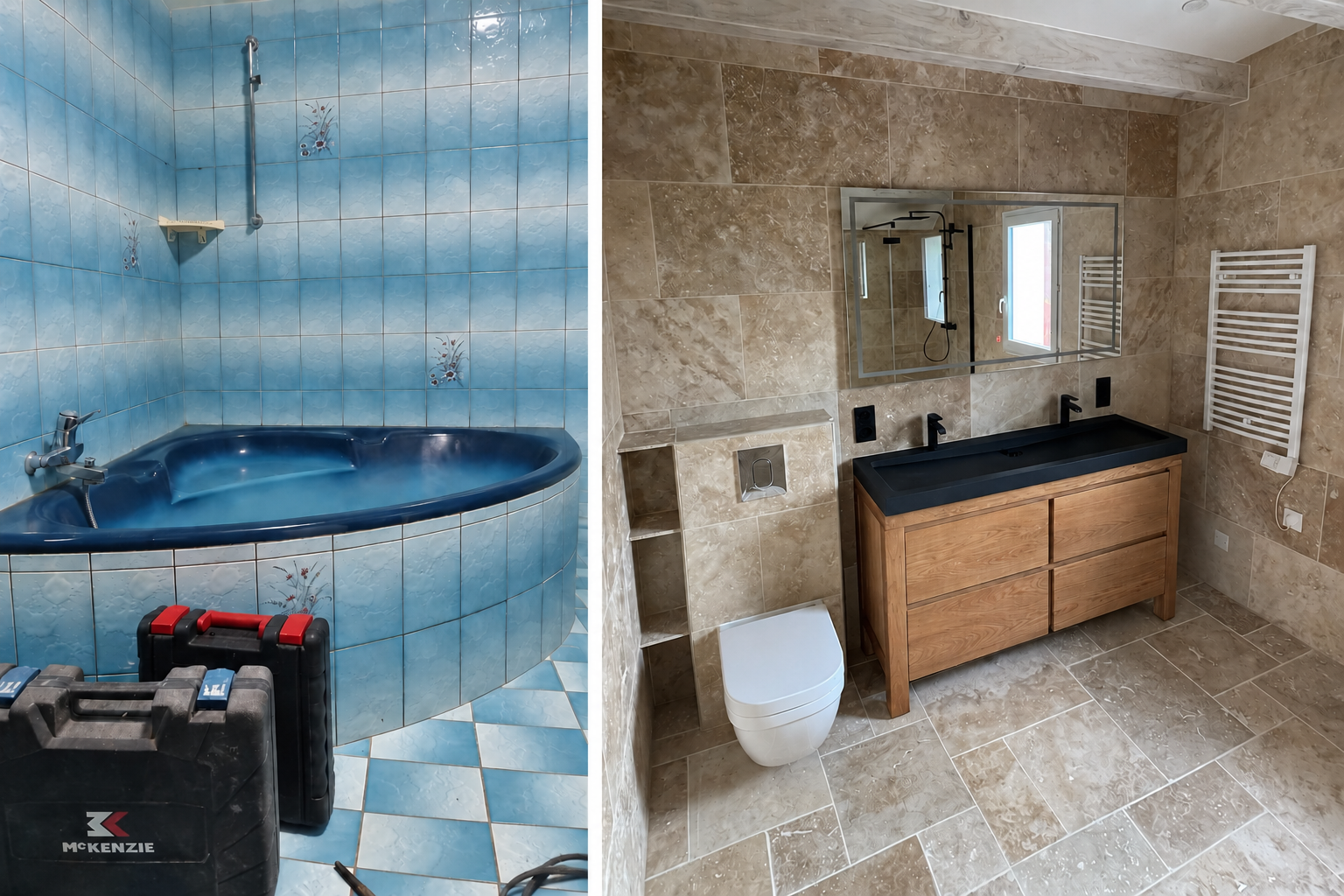 Petite salle de bains avec douche en verre, miroir rond, lavabo blanc et serviettes rayées suspendues sur les côtés.