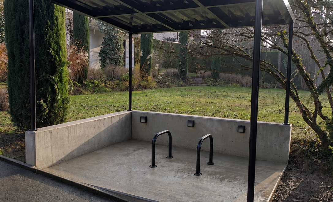 Terrasse couverte en béton avec toit en métal noir, jouxtant une haie et un jardin, mouillée par la pluie.