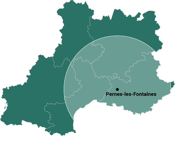 Carte de France avec un cercle mettant en évidence la région de Pernes-les-Fontaines.