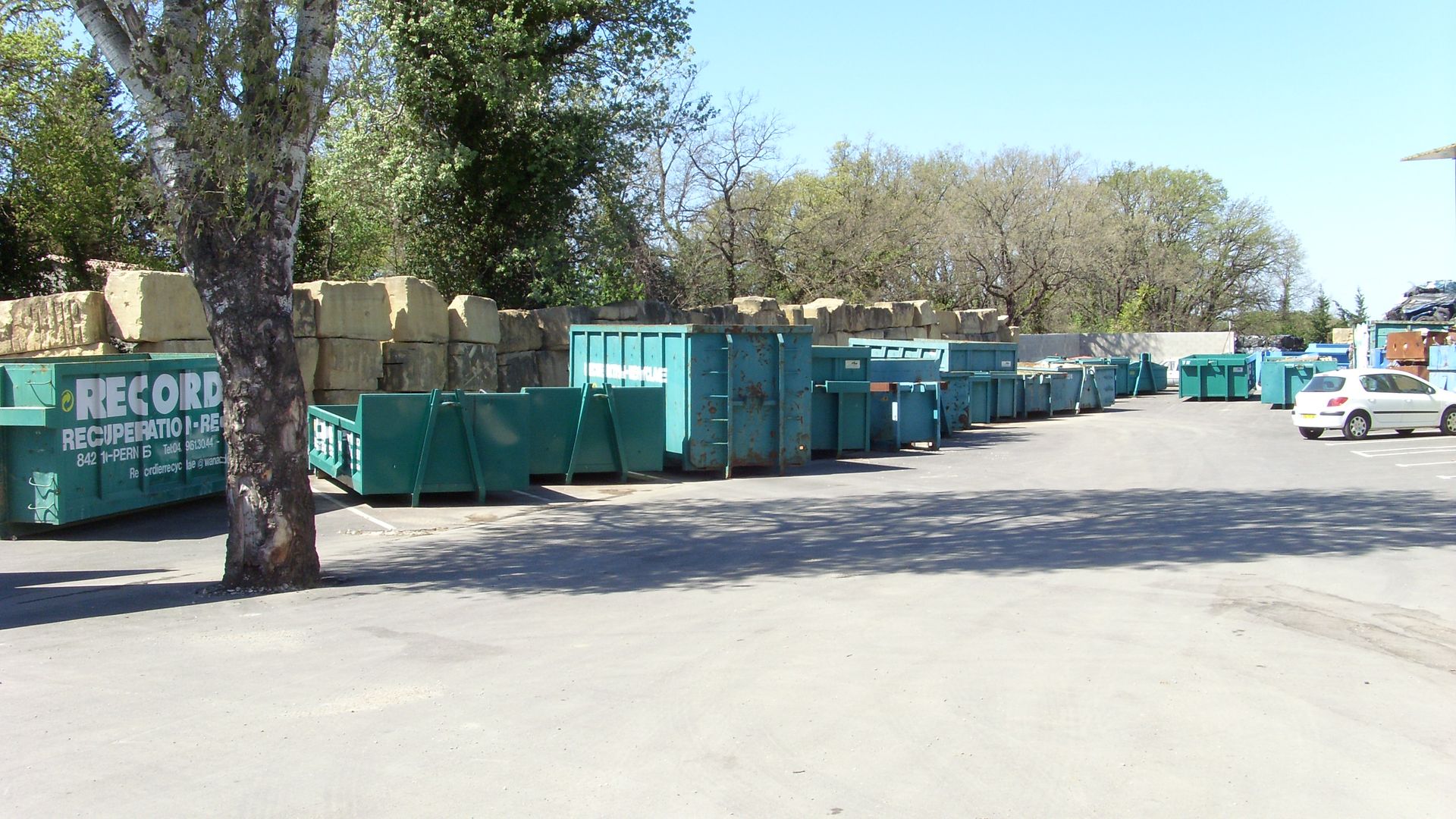 Des bennes à ordures vertes sont alignées dans une cour par une journée ensoleillée. Un arbre et un véhicule blanc sont visibles.