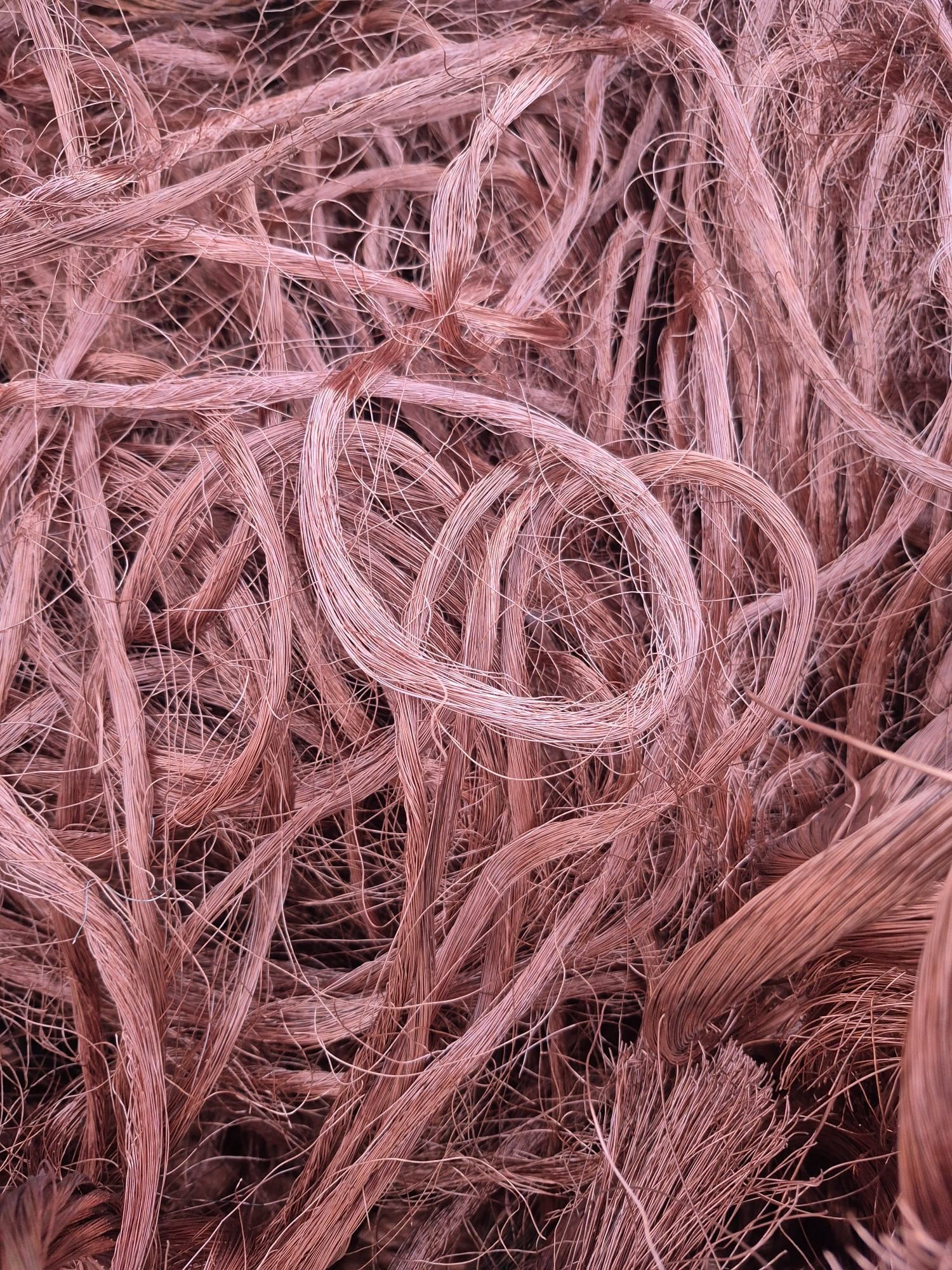 Des brins enchevêtrés de câbles de cuivre, certains enroulés, créant une vue rapprochée texturée.