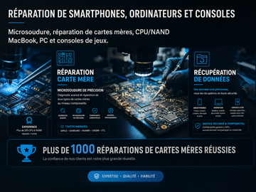 Réparation de cartes mères smartphones, ordinateurs et consoles – plus de 1000 réparations réussies en microsoudure chez MR Tech Repair.
