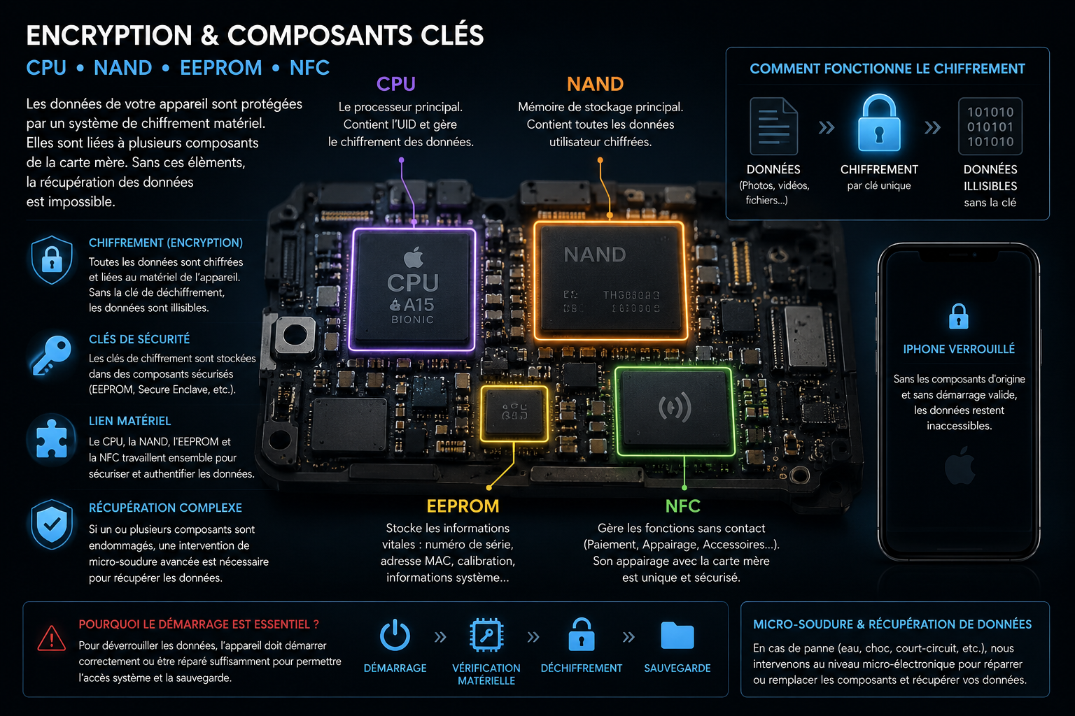 Schéma du chiffrement et des composants clés d'un smartphone pour la récupération de données et la microsoudure.