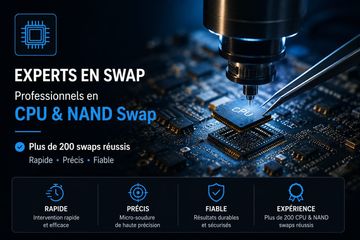 Plus de 200 swaps CPU & NAND réussis sur cartes mères double couche iPhone et Samsung pour la récupération de données, réalisés par des experts en microsoudure.