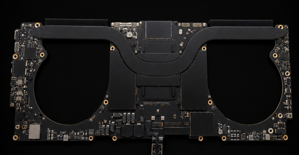 Réparation de carte mère MacBook Pro M3 après dégât liquide, microsoudure professionnelle et récupération de données à Fribourg.