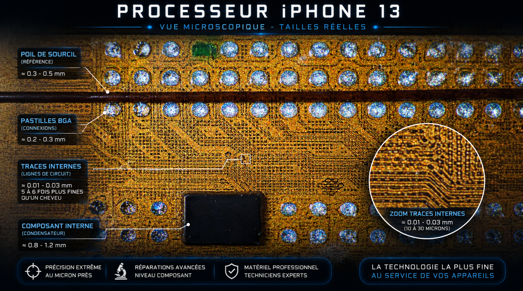 Lignes et pastilles du processeur iPhone 13 en microsoudure de précision pour réparation de carte mère.