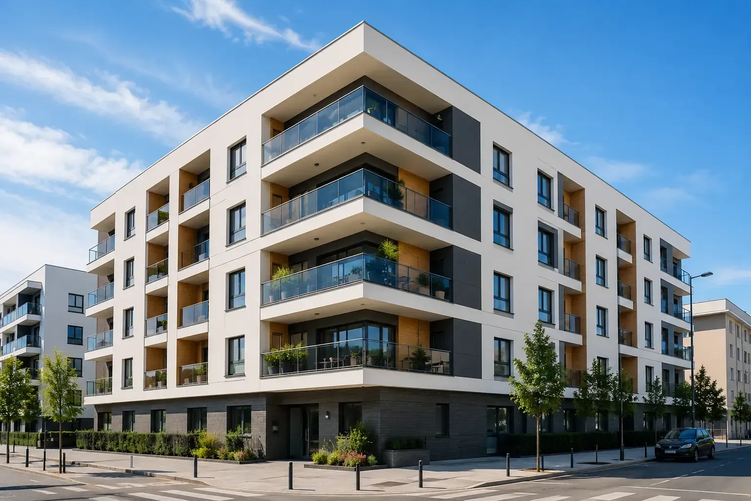 Edificio de apartamentos moderno con fachadas blancas, balcones y árboles a lo largo de una soleada esquina.