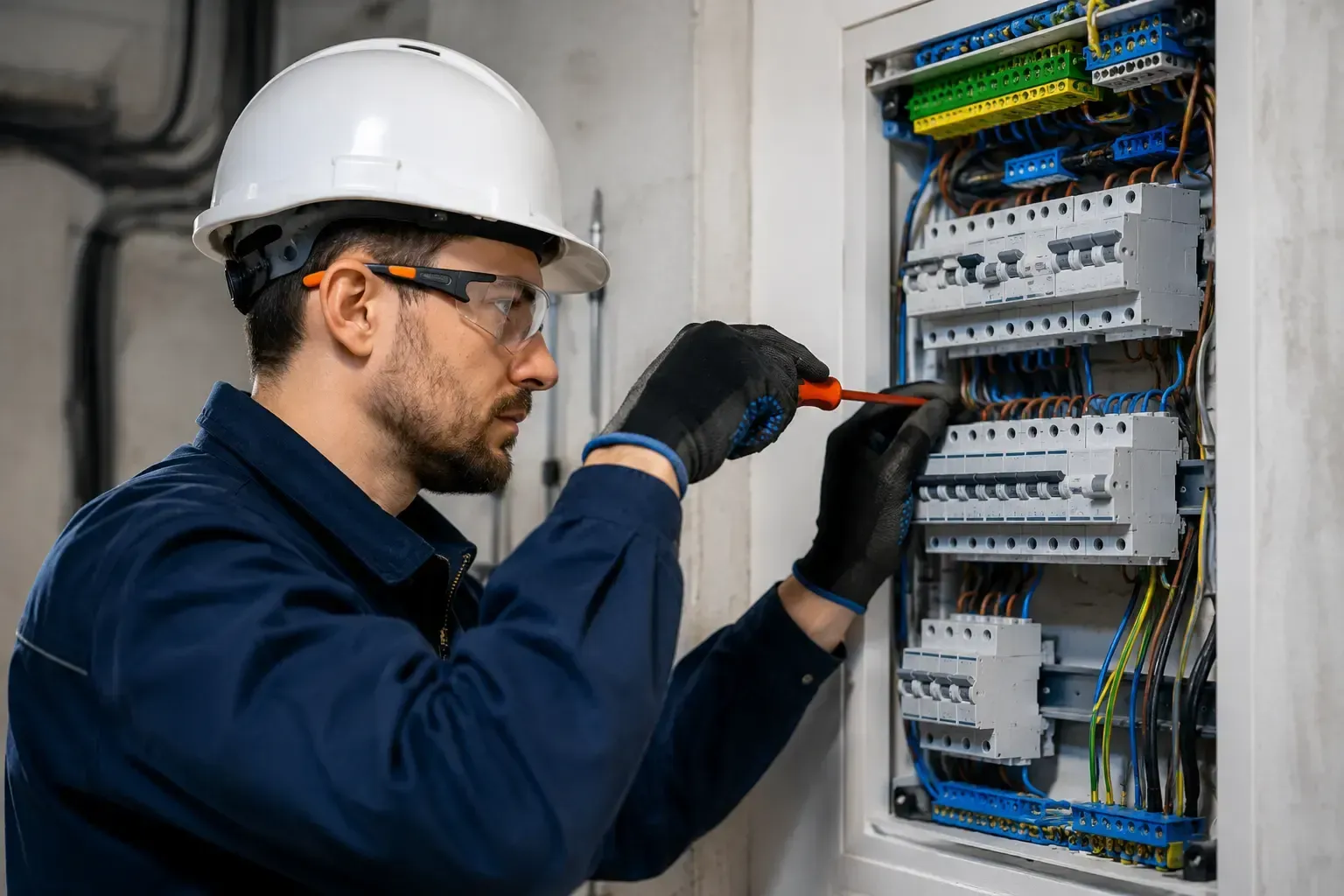 Técnico con casco y guantes realizando el cableado de un panel de control eléctrico con un destornillador.