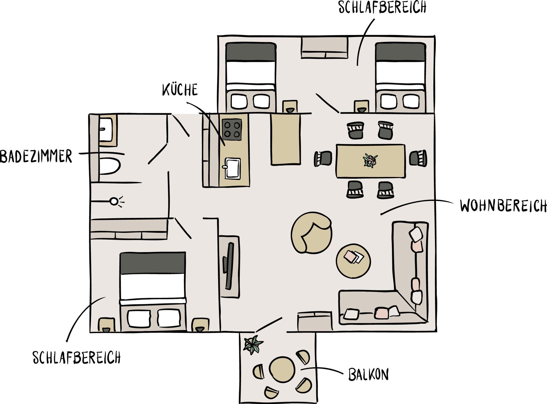 Ein Grundriss eines Hauses mit vielen Möbeln