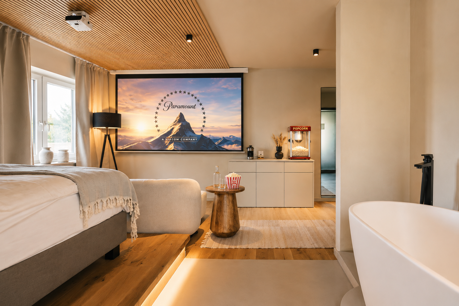 Modernes Hotelzimmer mit Bett, Badewanne und großem, an der Wand montiertem Fernseher mit Bergpanorama