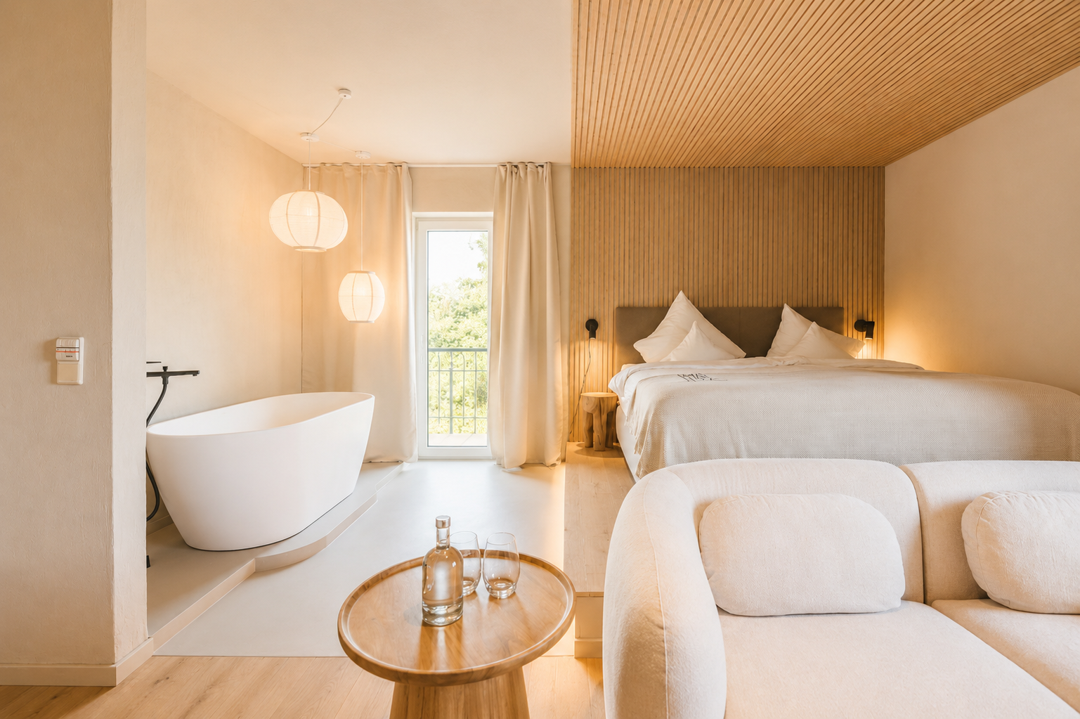 Helles, minimalistisches Schlafzimmer mit freistehender Badewanne, Kingsize-Bett und sanfter beigefarbener Einrichtung