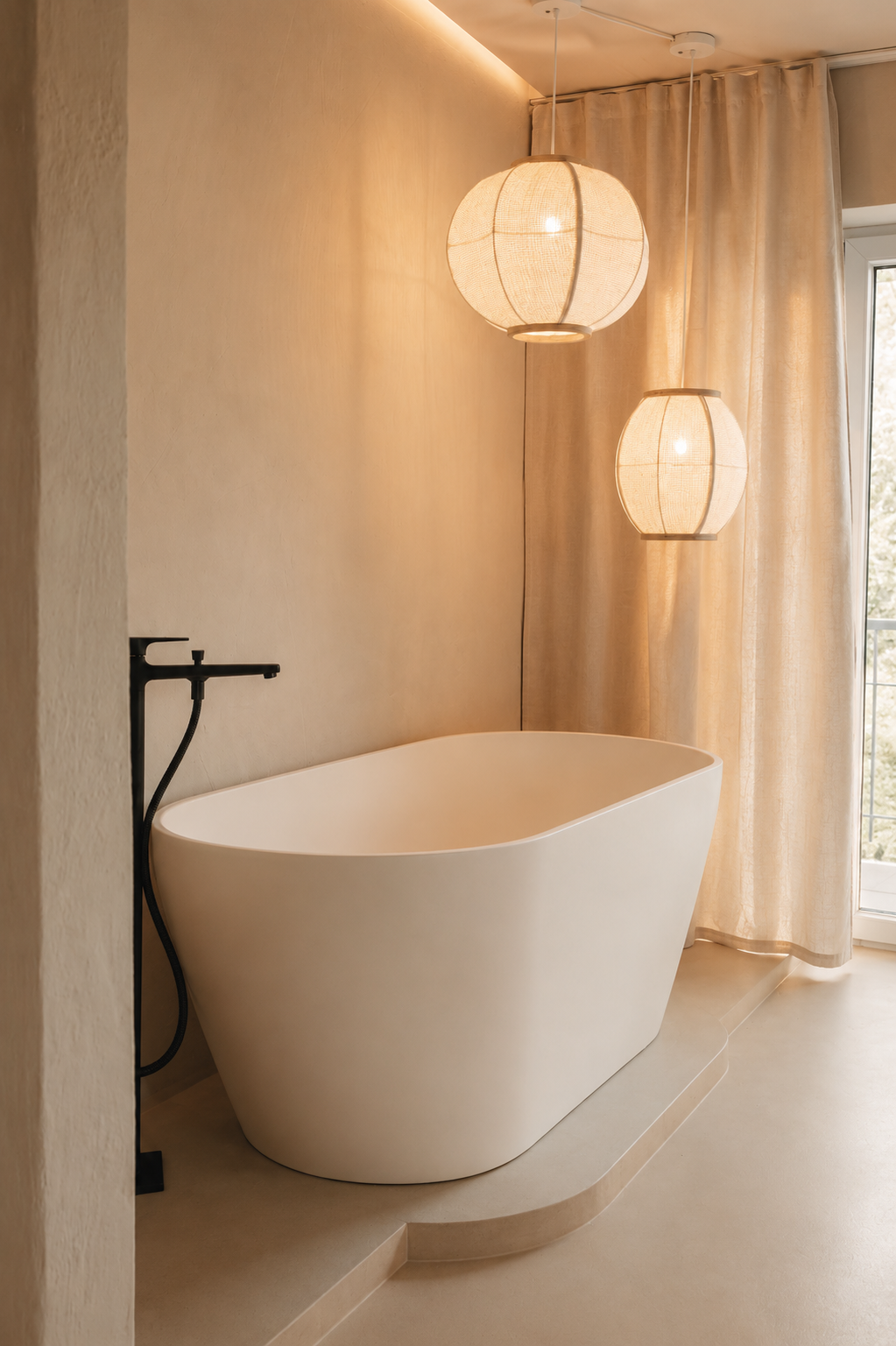 Minimalistisches Badezimmer mit freistehender weißer Badewanne, hellbeigen Wänden und zwei runden Hängeleuchten.