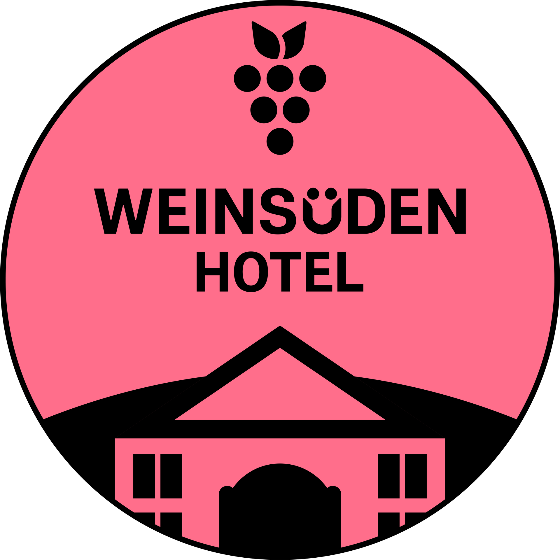 Rosa rundes Logo mit der Aufschrift „WEINSÜDEN HOTEL“, einer Weintraube und der Silhouette eines Gebäudes.
