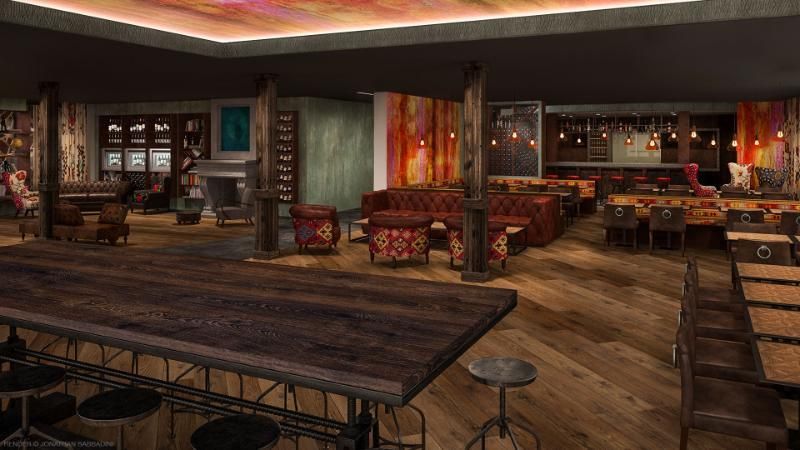 Rappresentazione artistica di un ristorante con un grande tavolo di legno e sgabelli.