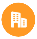 Un icono de edificio blanco en un círculo naranja sobre un fondo blanco.