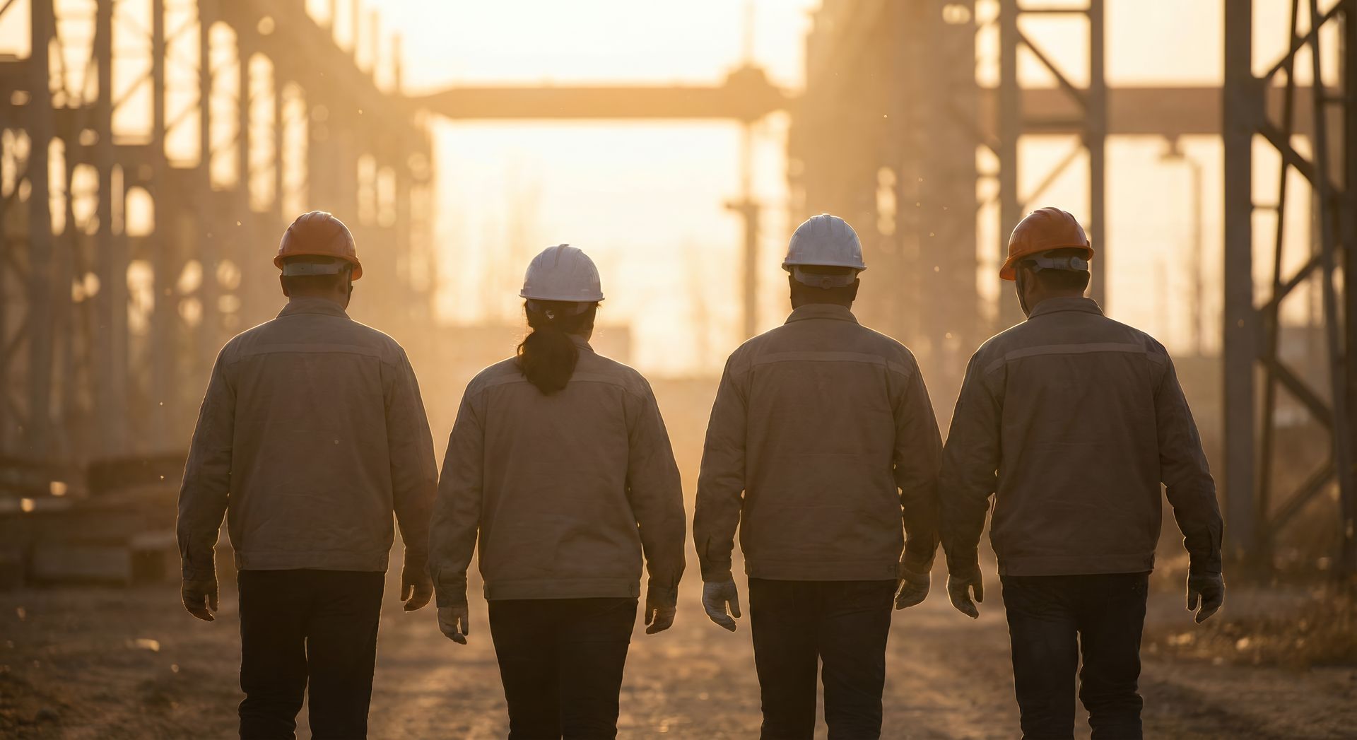 Quattro operai edili con elmetti e giacche da lavoro si allontanano dalla telecamera attraversando un sito industriale al tramonto.