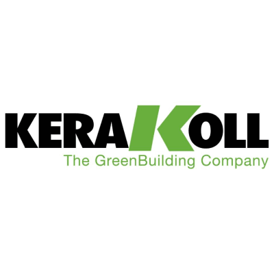 Logo per Kerakoll, azienda specializzata in edilizia sostenibile, caratterizzato da testo nero e una lettera K stilizzata di colore verde su sfondo bianco.