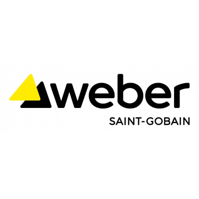 Il logo di Weber Saint-Gobain presenta un triangolo giallo sopra un triangolo nero, accanto alla scritta nera