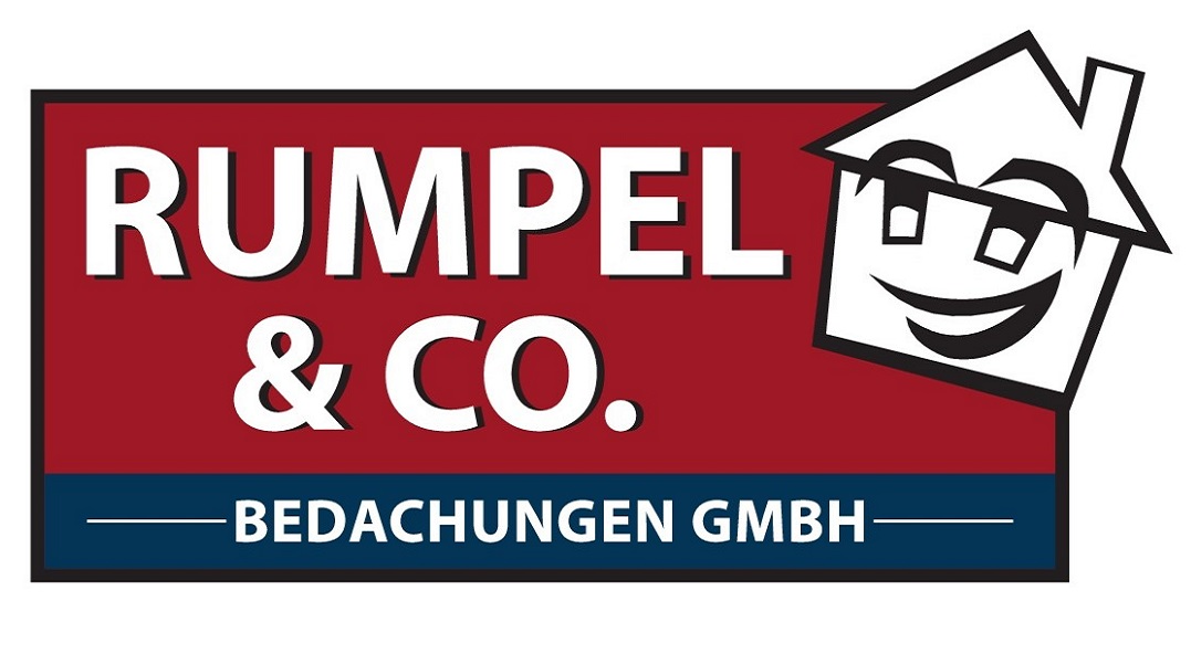 Rumpel & Co. Dachdecker-Logo in Rot, Weiß und Blau mit einem lächelnden Haussymbol