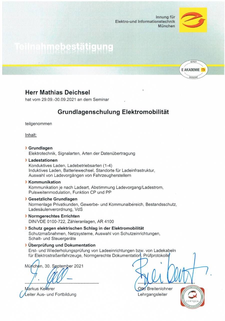 Teilnahmebestätigung Grundlagenschulung Elektromobilität