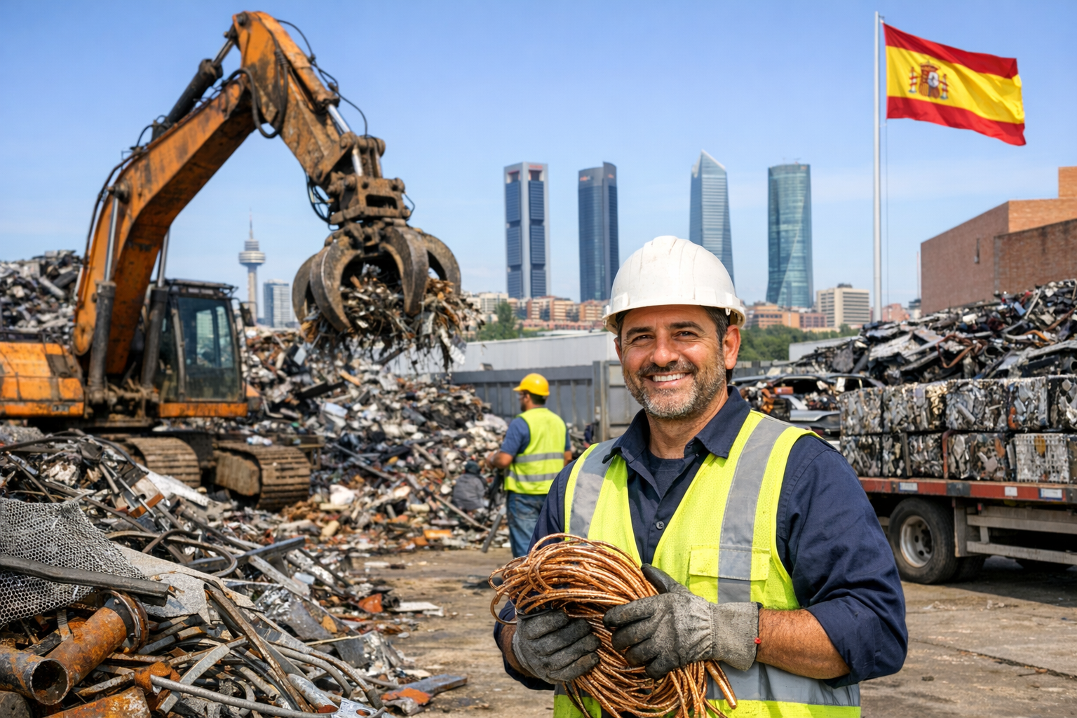 Obrero de la construcción sujetando un cable en una obra de demolición con una excavadora, escombros y la bandera española al fondo.