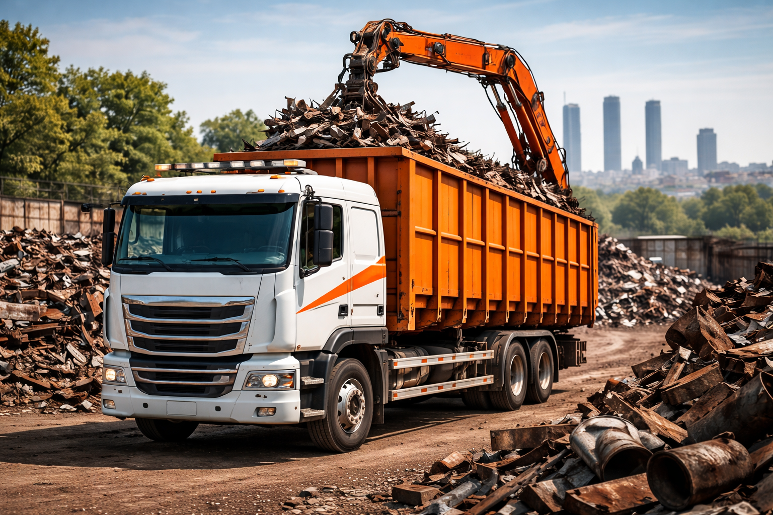 Un camión cargado con chatarra en una planta de reciclaje.