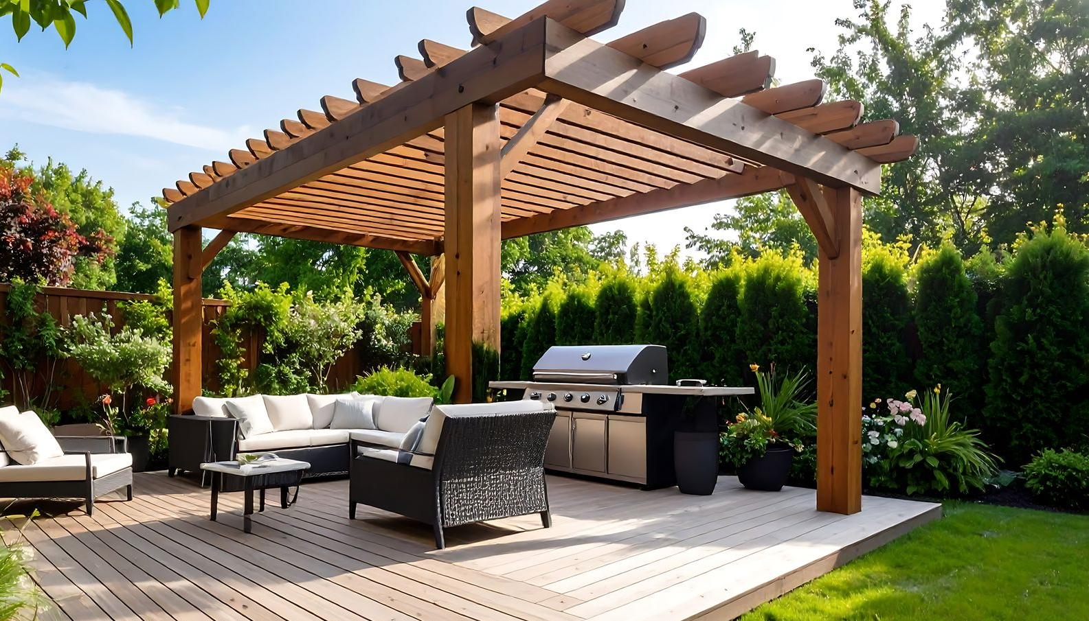 Pergola en bois avec mobilier de jardin sur une terrasse en bois dans un jardin ensoleillé.