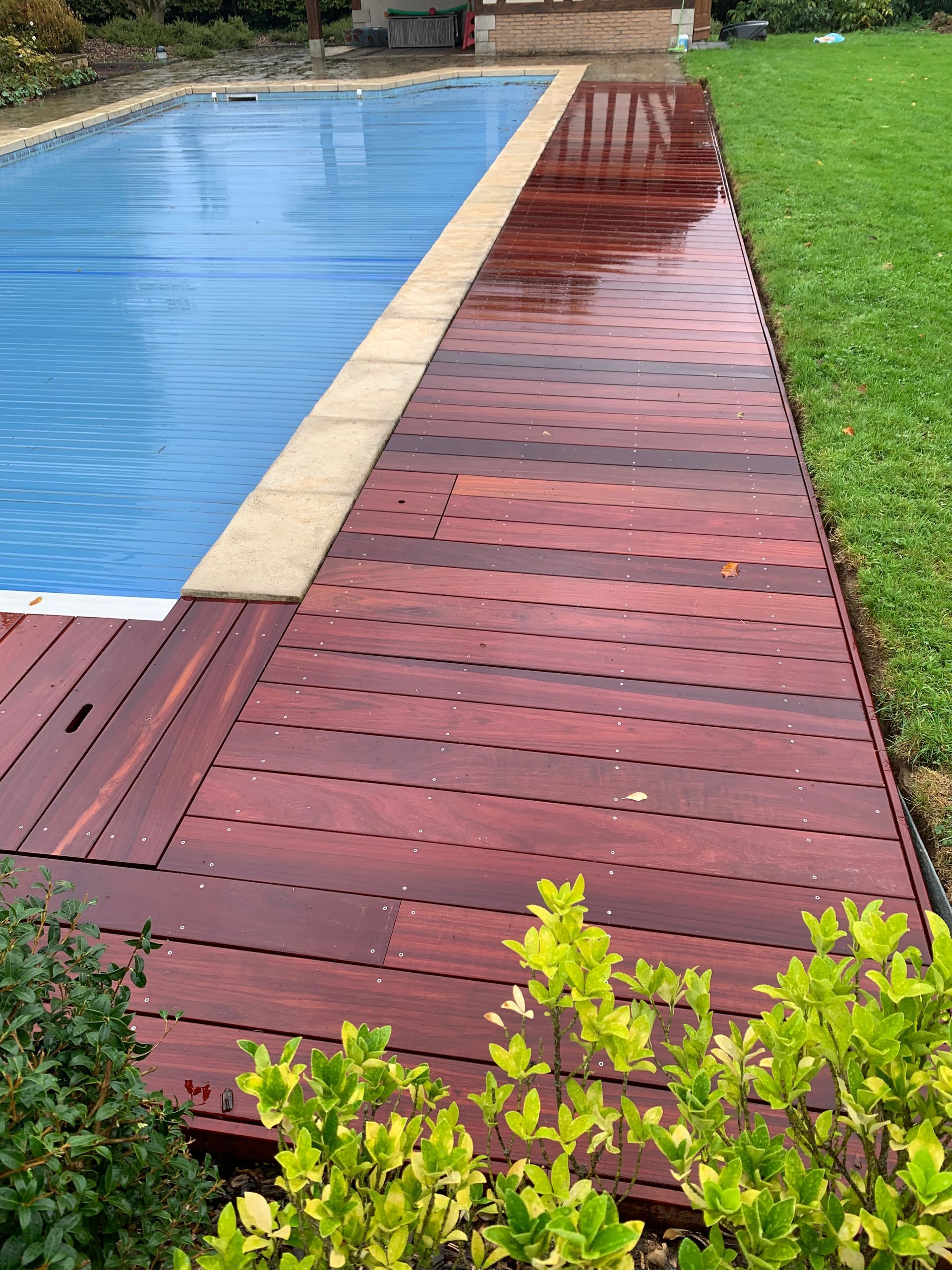 Terrasse en bois jouxtant une piscine recouverte de bleu et une pelouse verte, avec un petit buisson au premier plan.