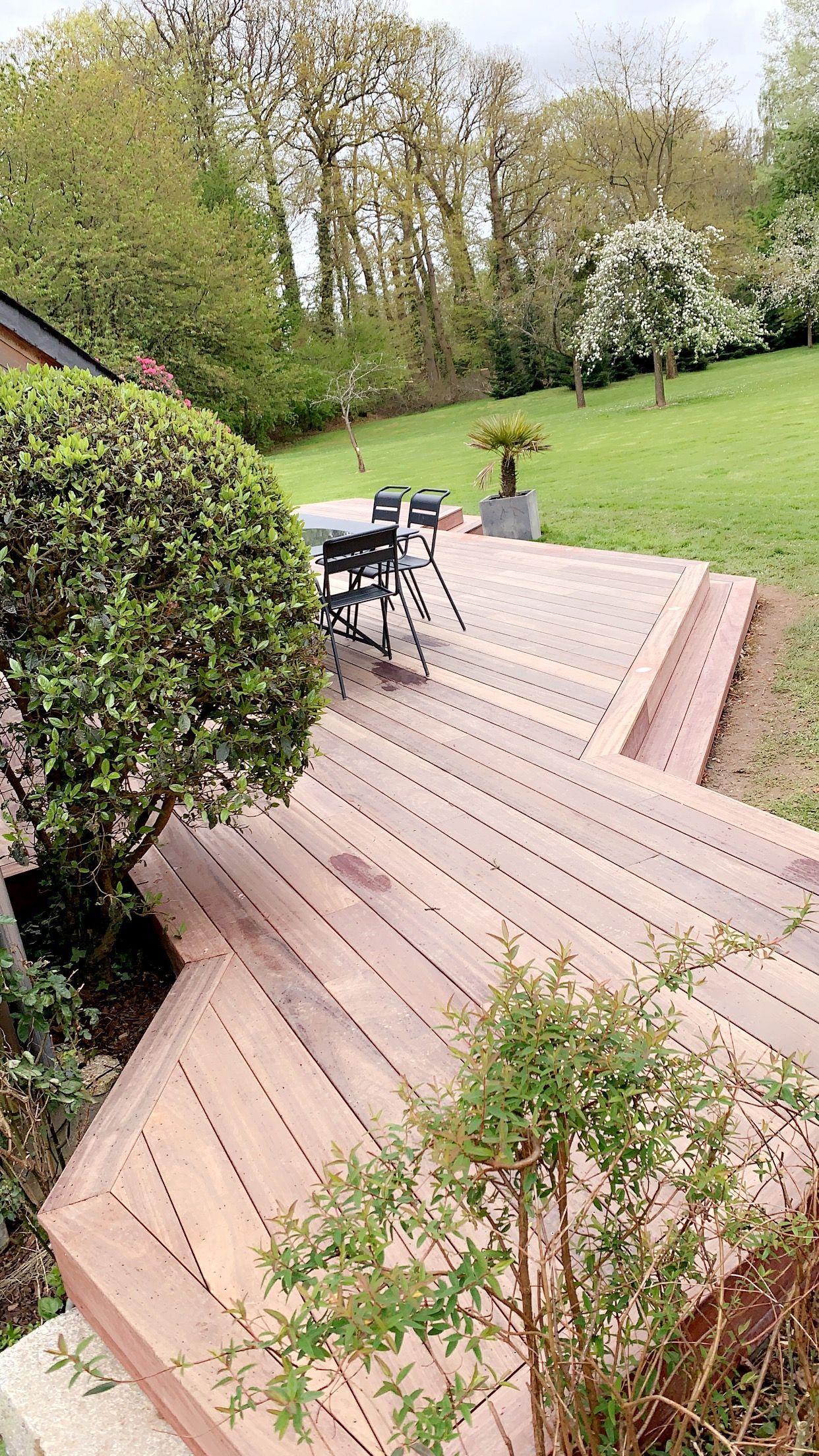 Terrasse en bois avec des marches menant à une cour gazonnée avec des arbres en arrière-plan.