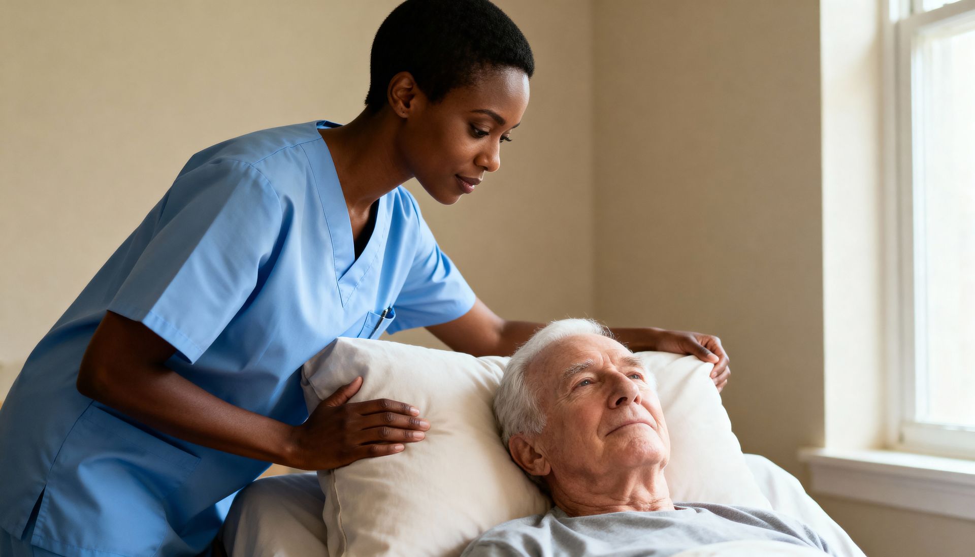 Une infirmière en blouse bleue ajuste délicatement la couverture d'un patient âgé près d'une fenêtre.