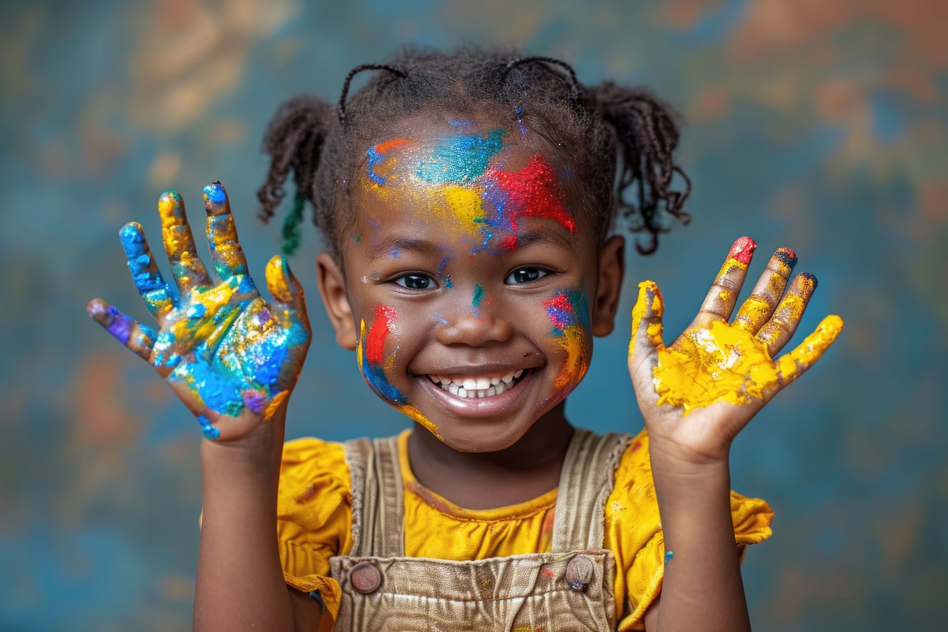 Enfant souriant, les mains et le visage couverts de peinture, portant une salopette, sur fond flou.