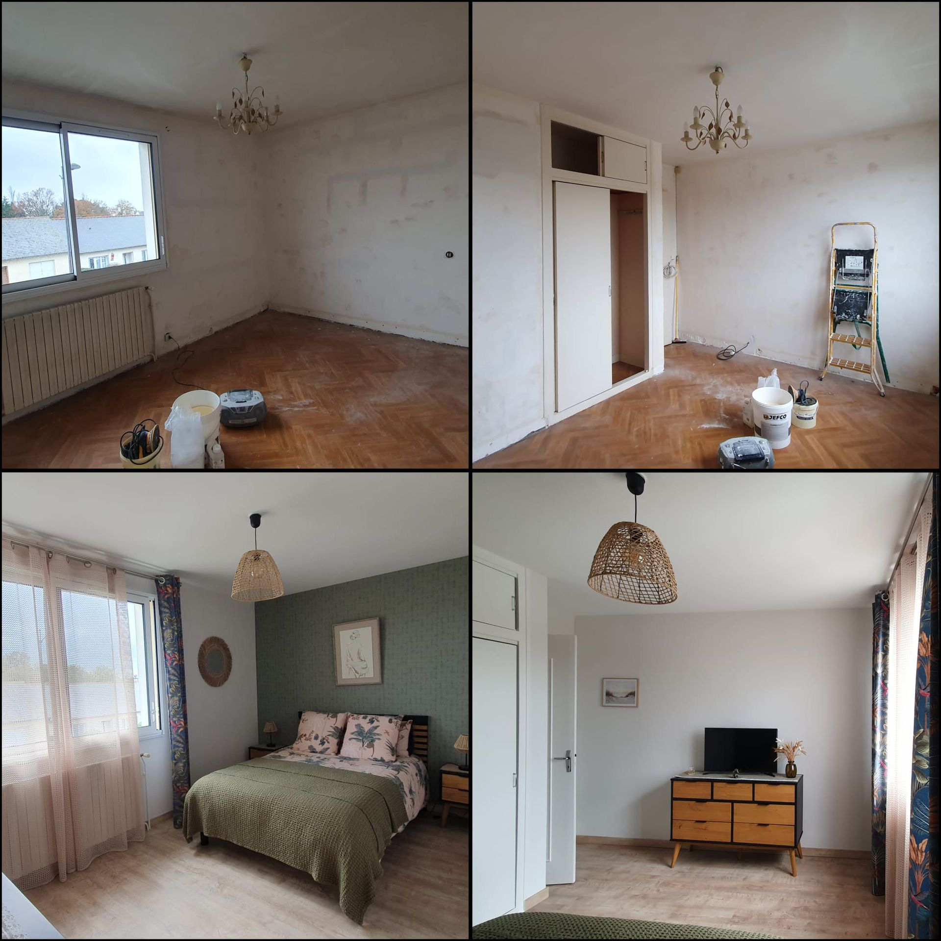 Peinture verte sur un pan de mur dans une chambre