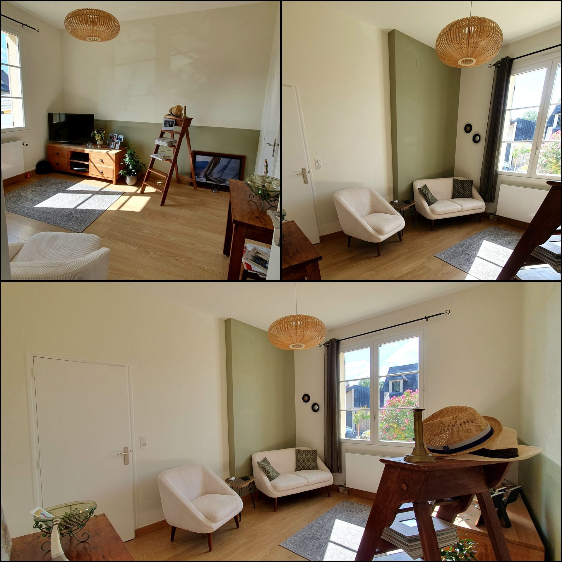 Pose de peinture blanche et verte dans un salon