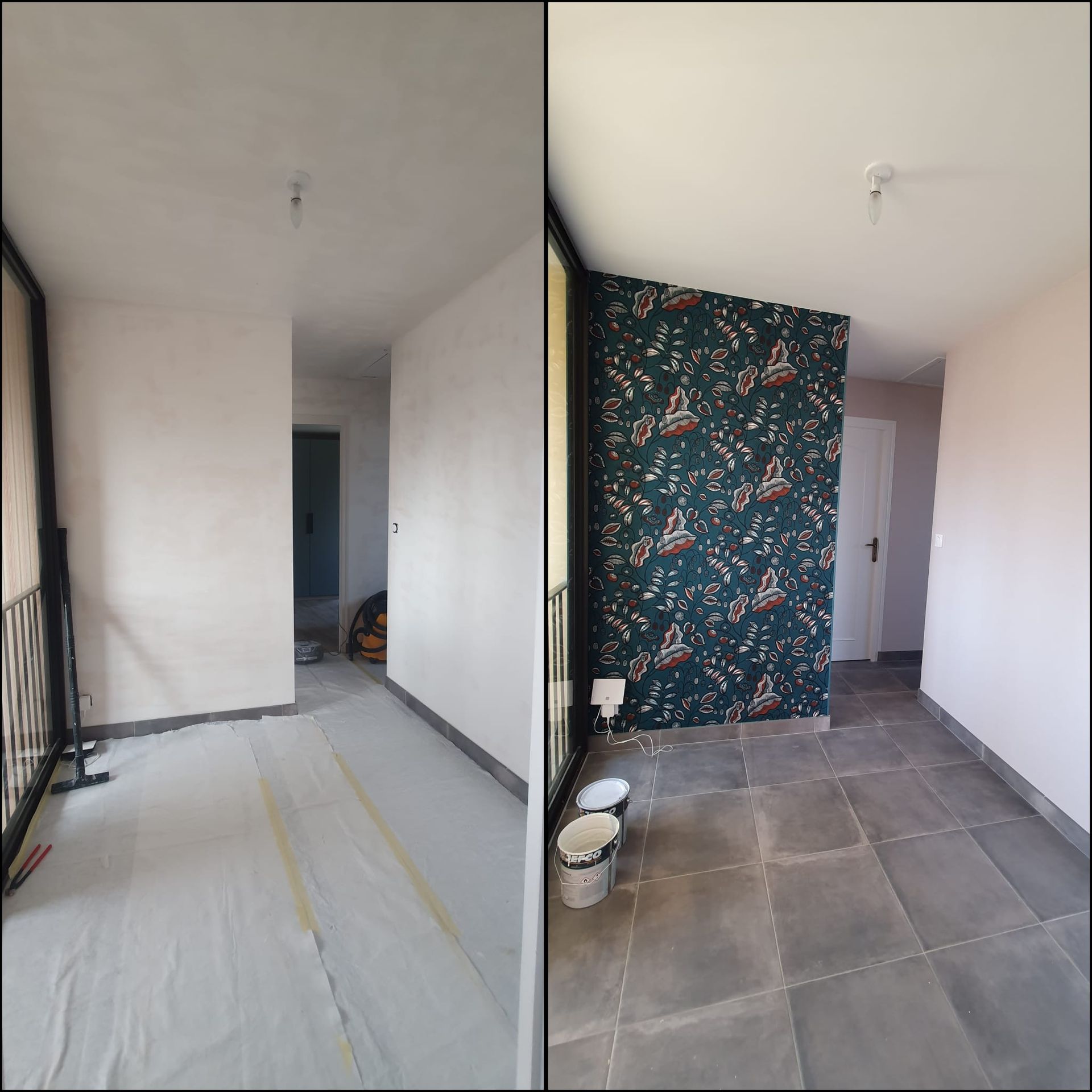 Pose d'une tapisserie sur un pan de mur