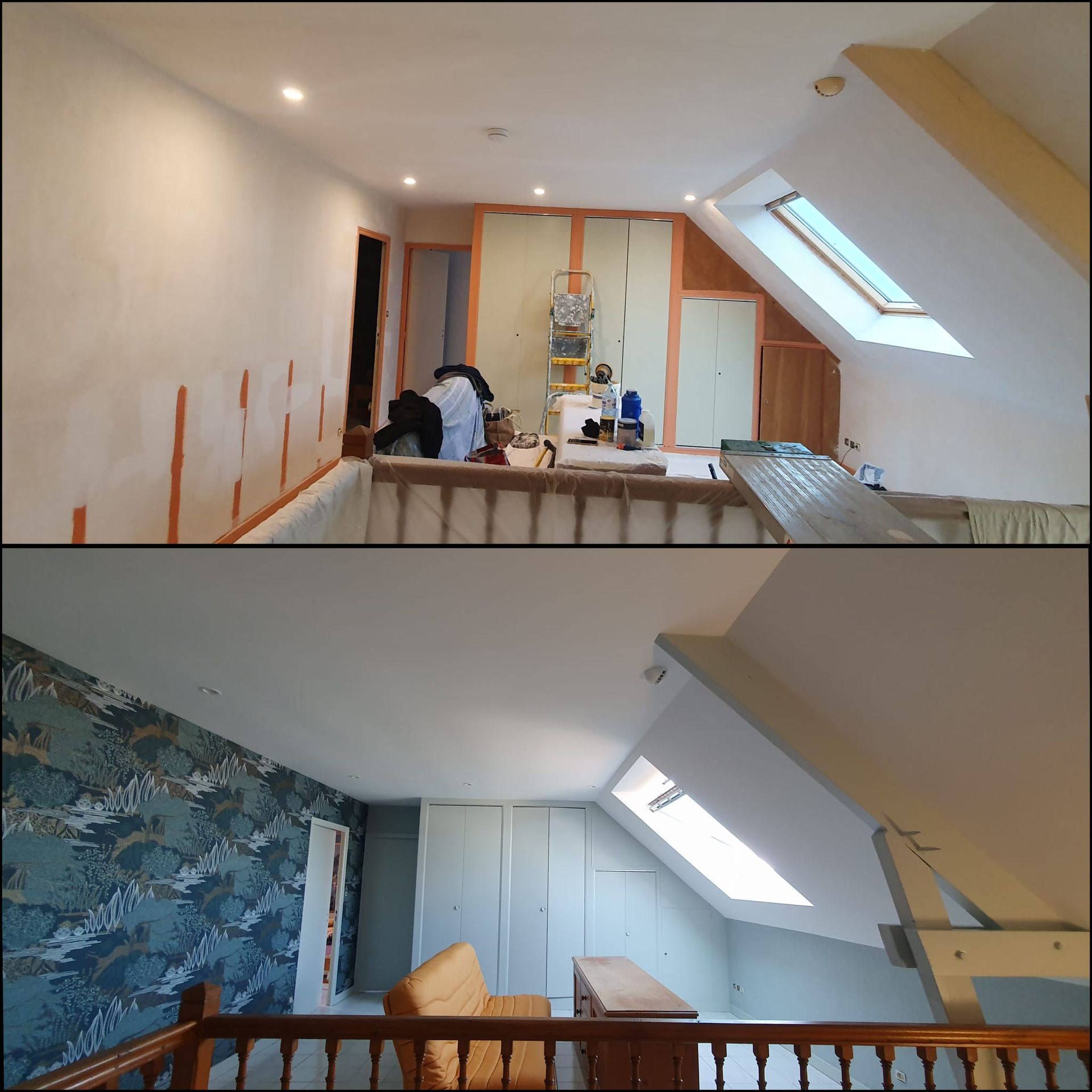 Pose de tapisserie sur un mur, pièce sous les combles