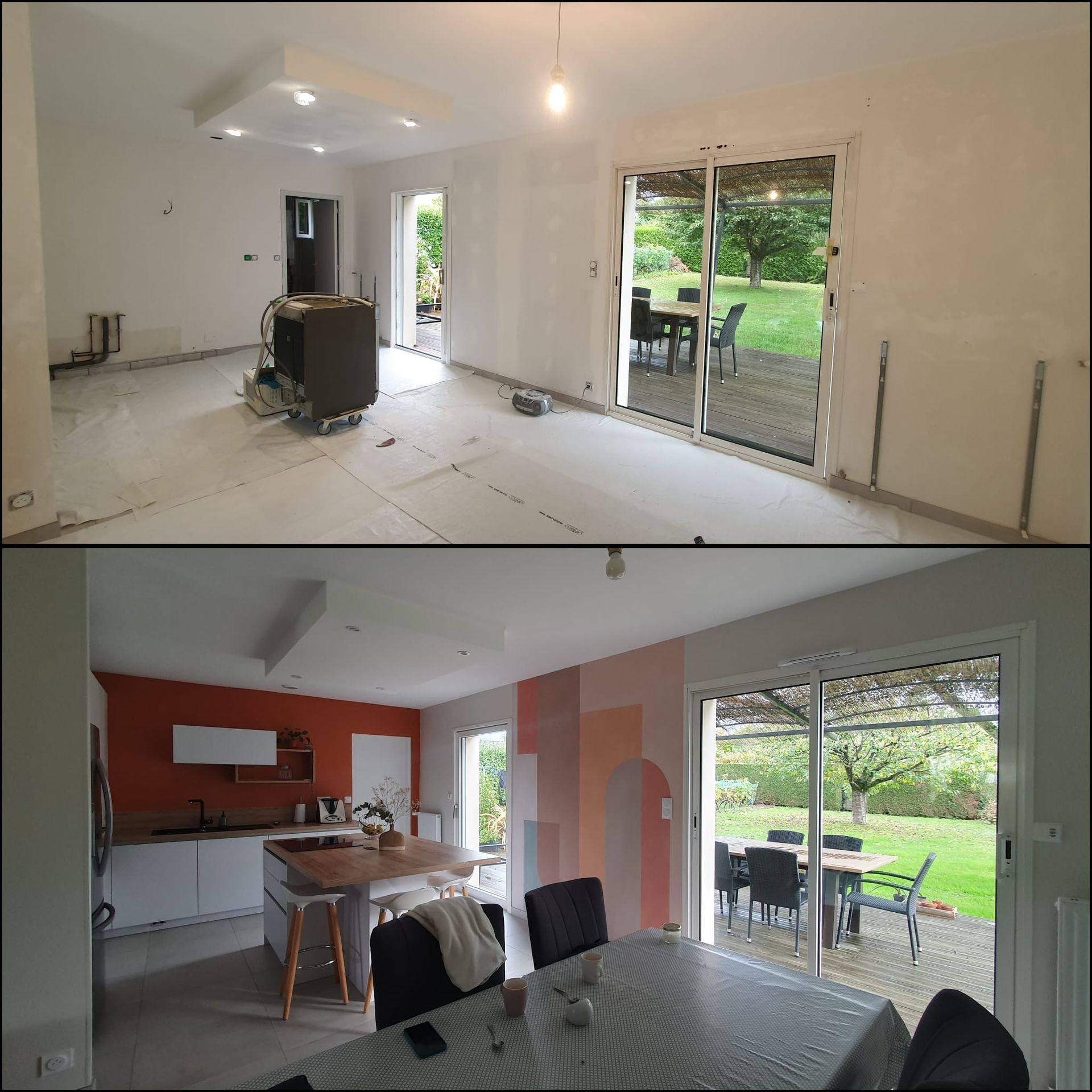 Pièce de vie avant et après, avec peinture décorative