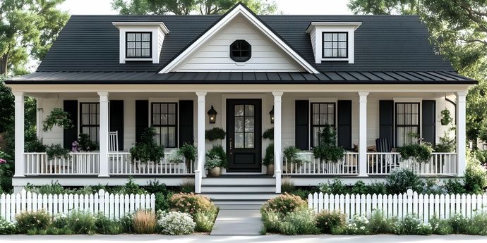 Une maison avec des volets noirs.