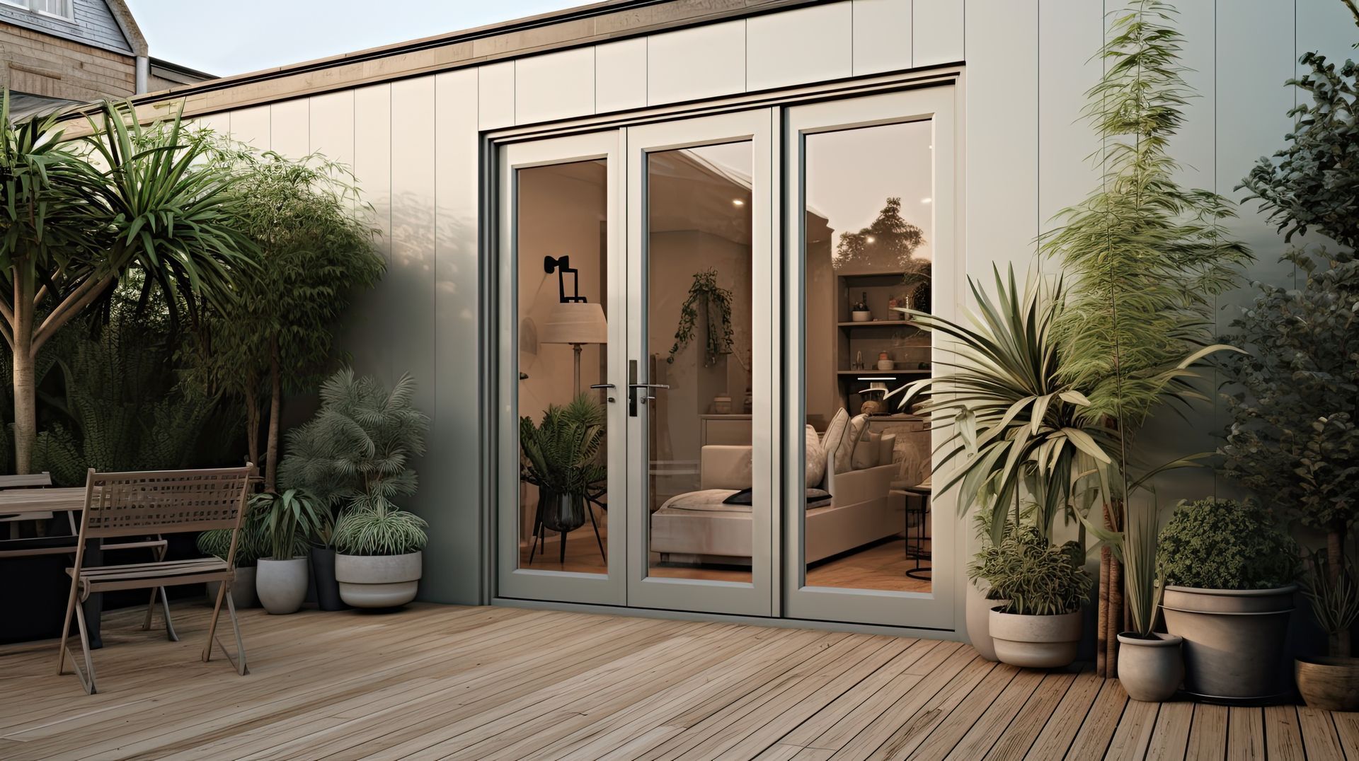 Une porte-fenêtre entre des plantes vertes.