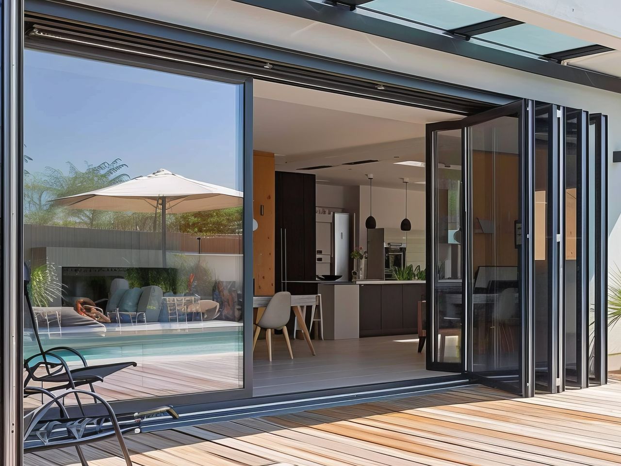 Une porte-fenêtre et une terrasse.