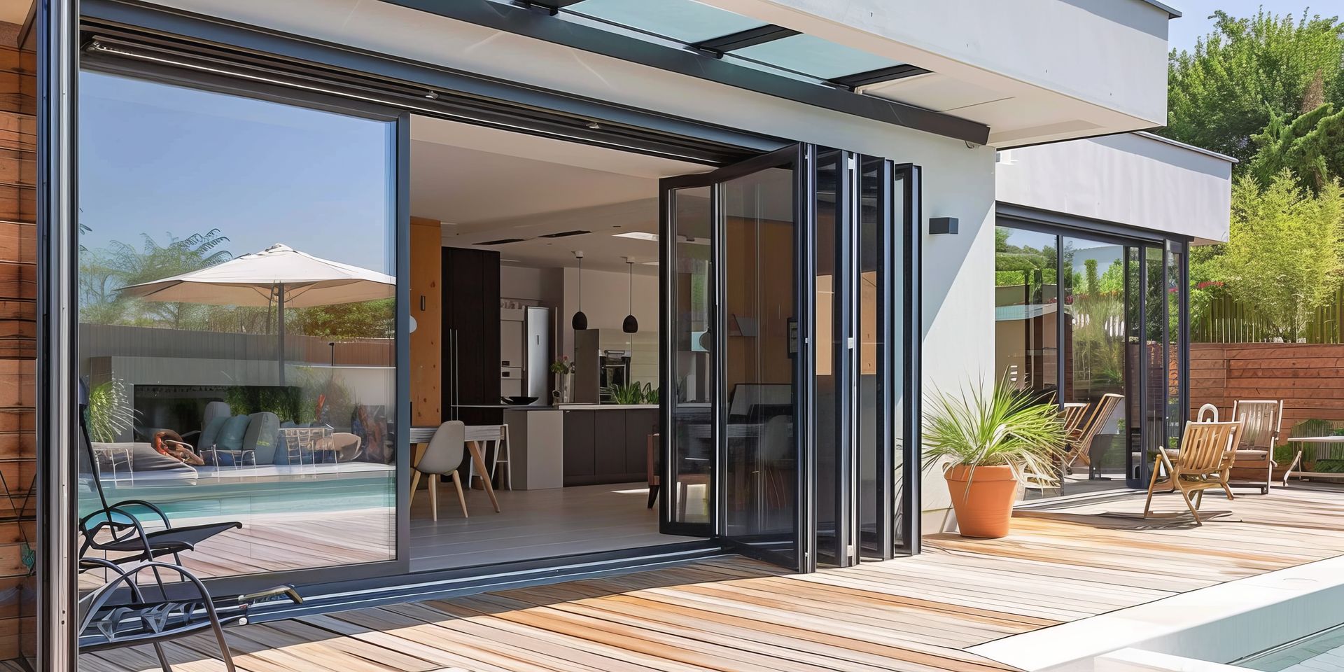 Une porte-fenêtre qui donne sur une terrasse.