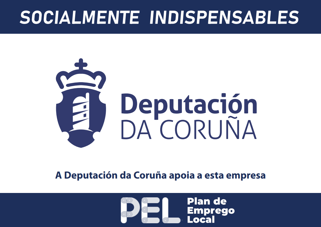 Logotipo de la Diputación Provincial de A Coruña y del Plan Local de Empleo PEL sobre fondo blanco y azul.