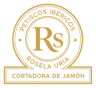 Logo dorado: "Petiscos Ib&eacute;ricos Rosela Ur&iacute;a" en un dise&ntilde;o circular; "Cortadora de Jam&oacute;n" debajo en un rect&aacute;ngulo.