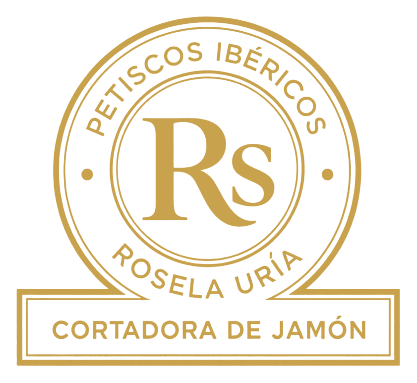 Logo dorado: "Petiscos Ib&eacute;ricos Rosela Ur&iacute;a" en un dise&ntilde;o circular; "Cortadora de Jam&oacute;n" debajo en un rect&aacute;ngulo.