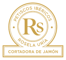 Logo dorado: "Petiscos Ib&eacute;ricos Rosela Ur&iacute;a" en un dise&ntilde;o circular; "Cortadora de Jam&oacute;n" debajo en un rect&aacute;ngulo.