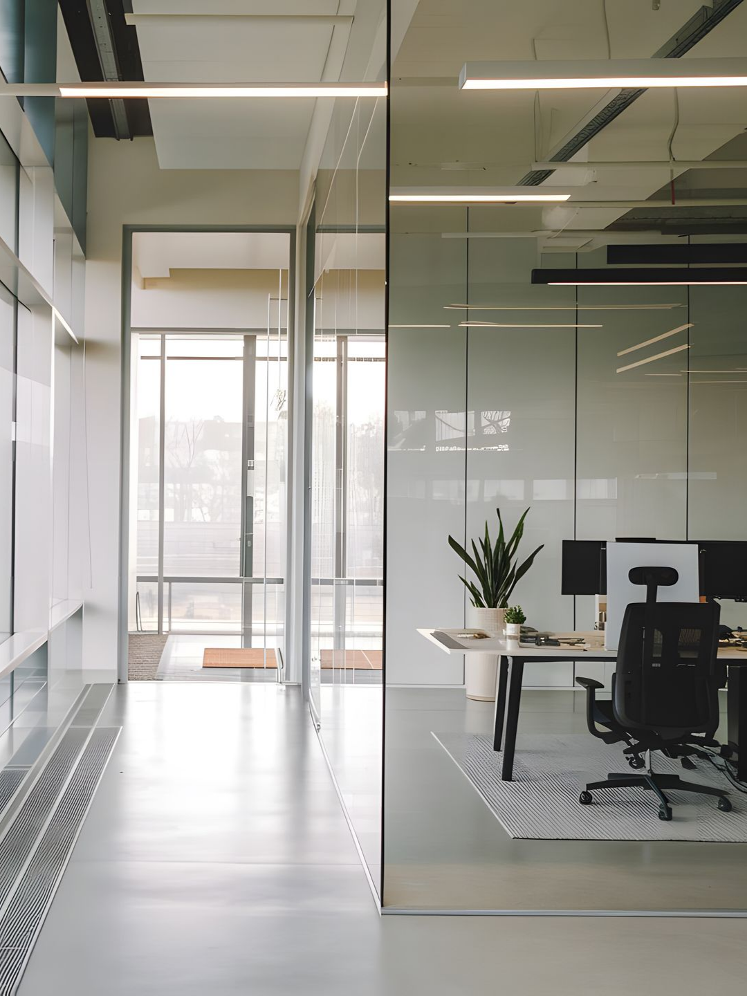 Couloir de bureau moderne avec parois vitrées, espace de travail visible ; lumière naturelle et tons neutres.