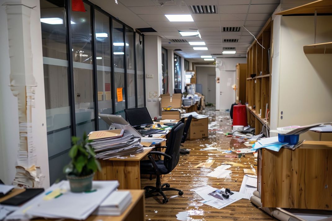 Le couloir des bureaux est sens dessus dessous après les dégâts. Des débris jonchent le sol, les bureaux sont encombrés et les murs sont endommagés.