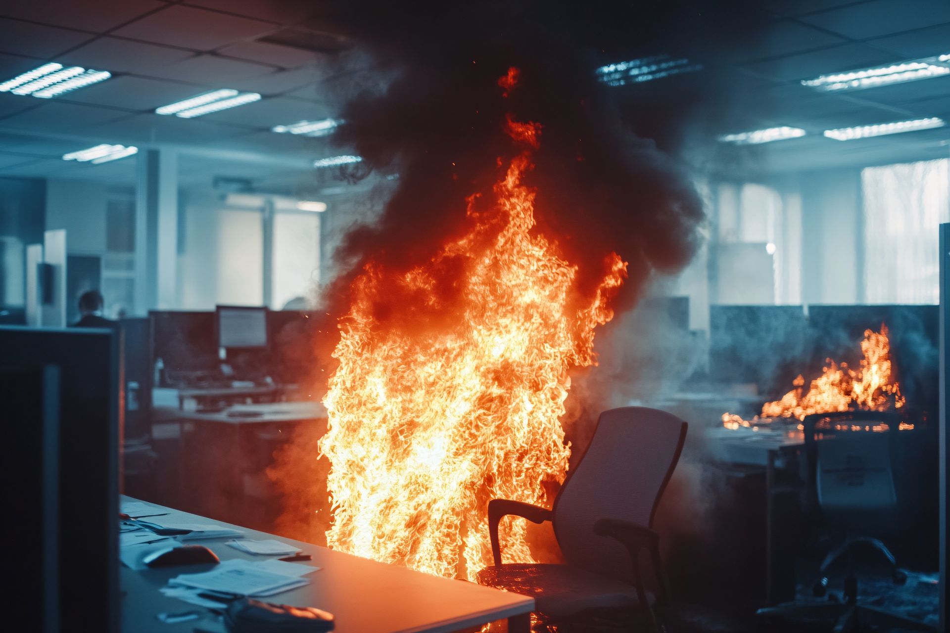 Le bureau en flammes avec le feu qui brûle sur les bureaux et les chaises, la fumée envahit la pièce.